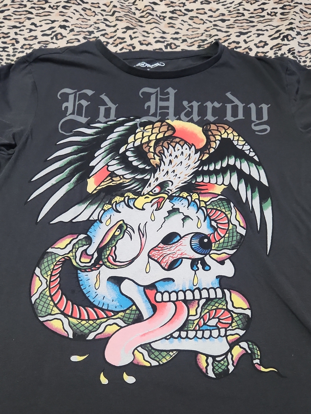 Ed Hardy Black Graphic Tee with Multicolor Skull, Snake & Eagle